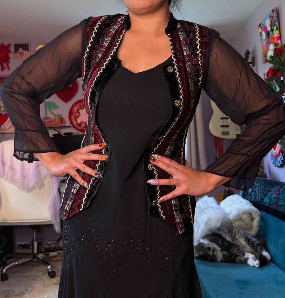 Vintage 90s black whimsigoth boho velvet button down top